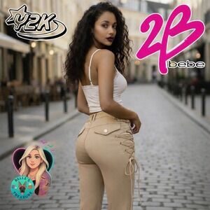 2b Bebe Womens 30 Khaki Twill Lacing Cargo Skinny Lace Up Pants Stretch Y2K Sexy